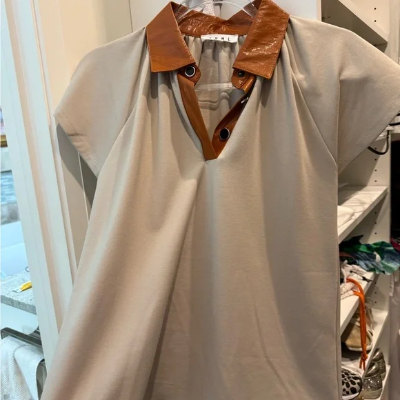 THML Womens Tan Button Down Shirt with Brown Faux Leather Collar - Picture 2 of 5